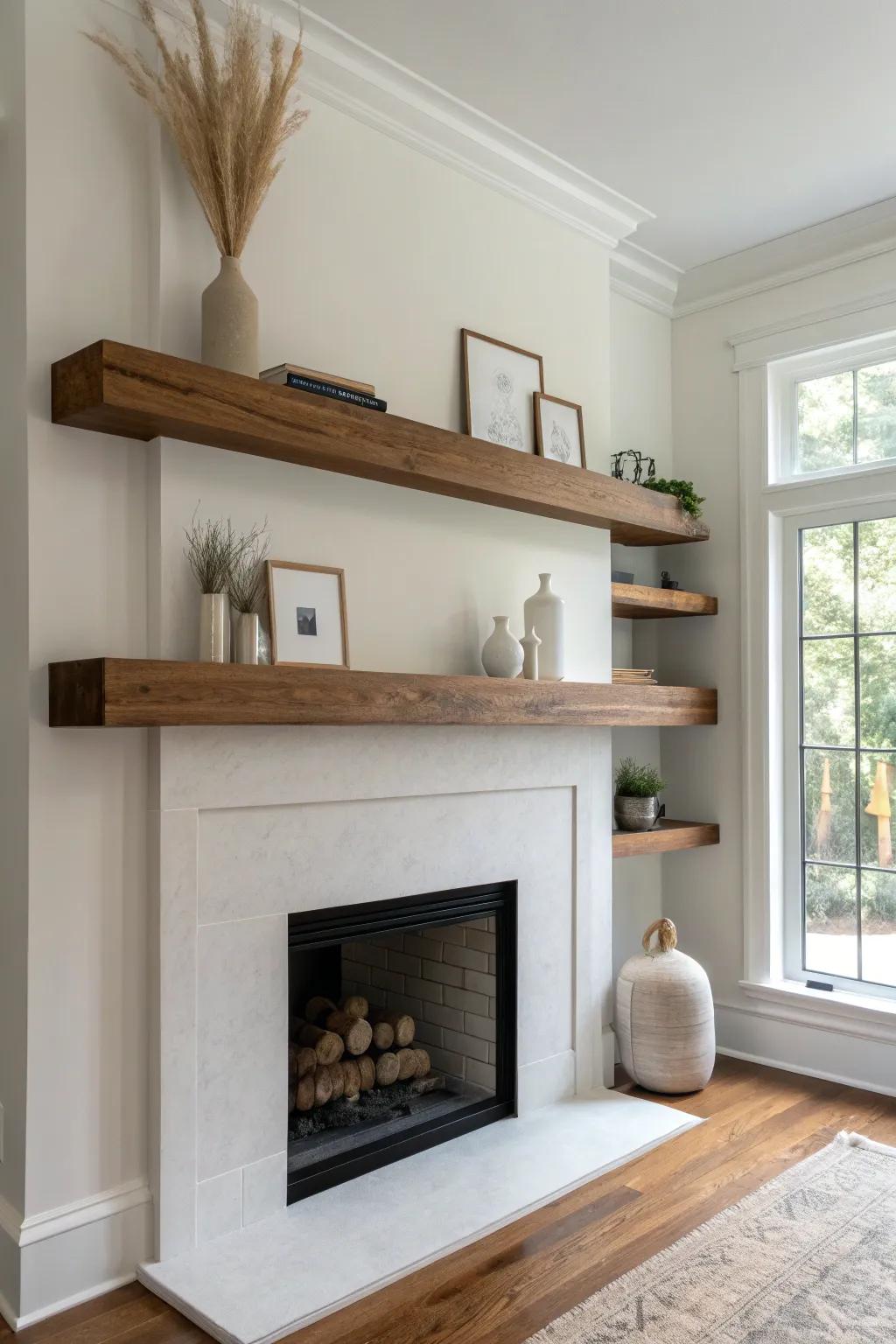 Floating shelves beside the fireplace in the exact same stain as the mantel—so custom and calm.