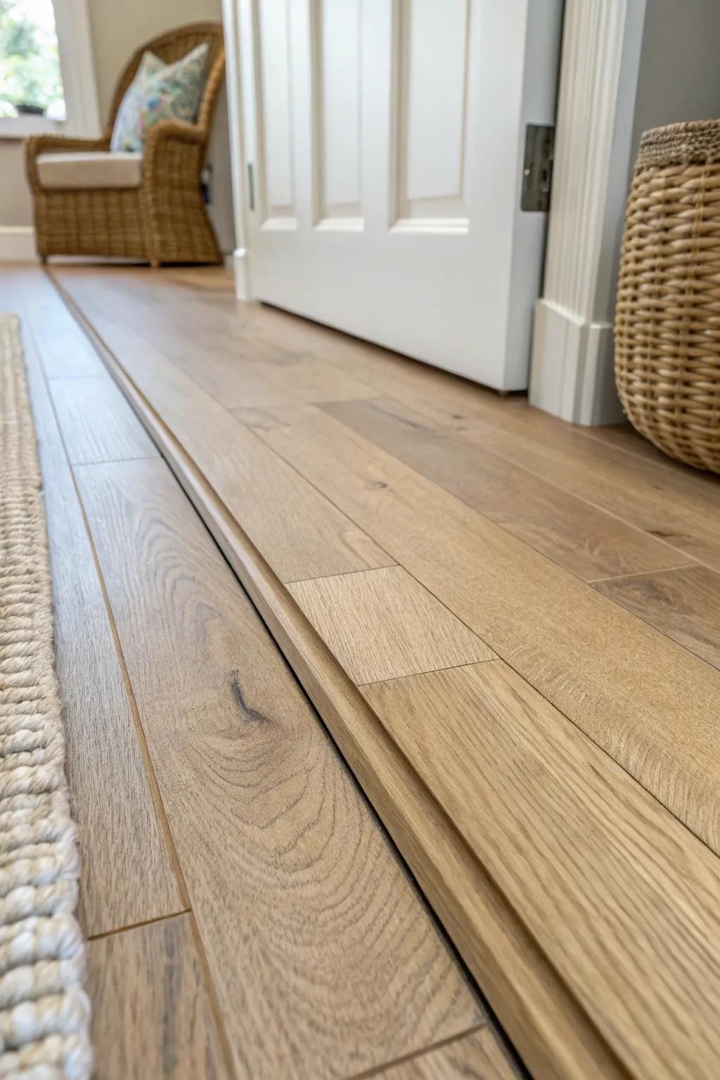 Flush oak T‑molding for a seamless, barefoot-smooth transition between equal-height floors.