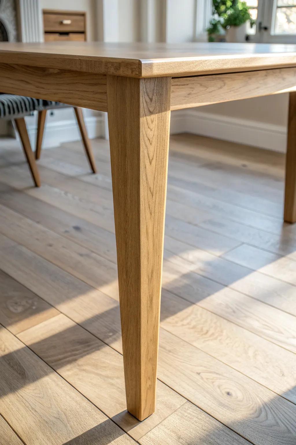Engineered wood in the dining room: stable under heavy tables, easy to sweep and wipe clean.