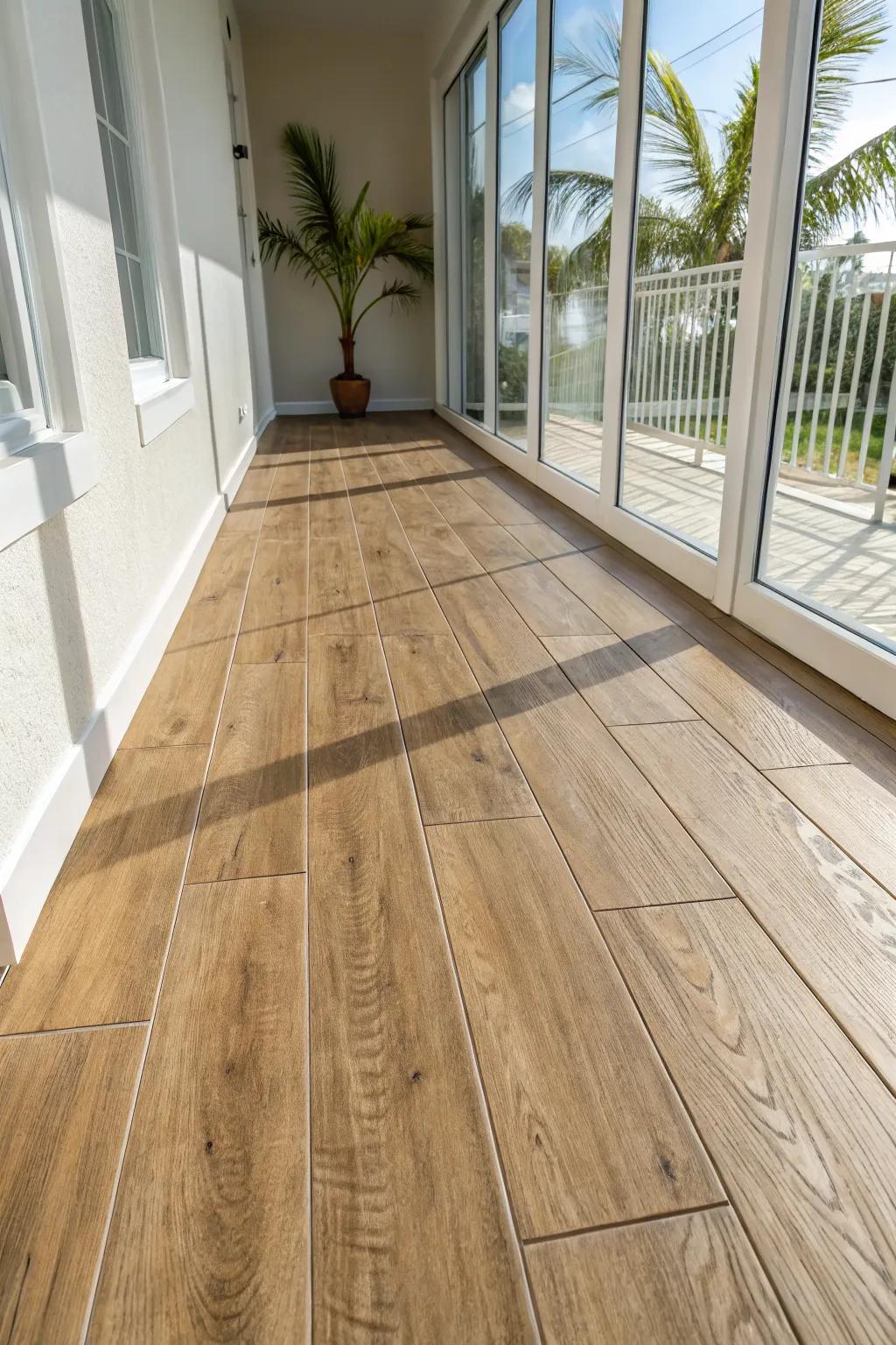 Sunlit wood-look tile planks: all the warmth of wood, none of the Florida fade or fuss.