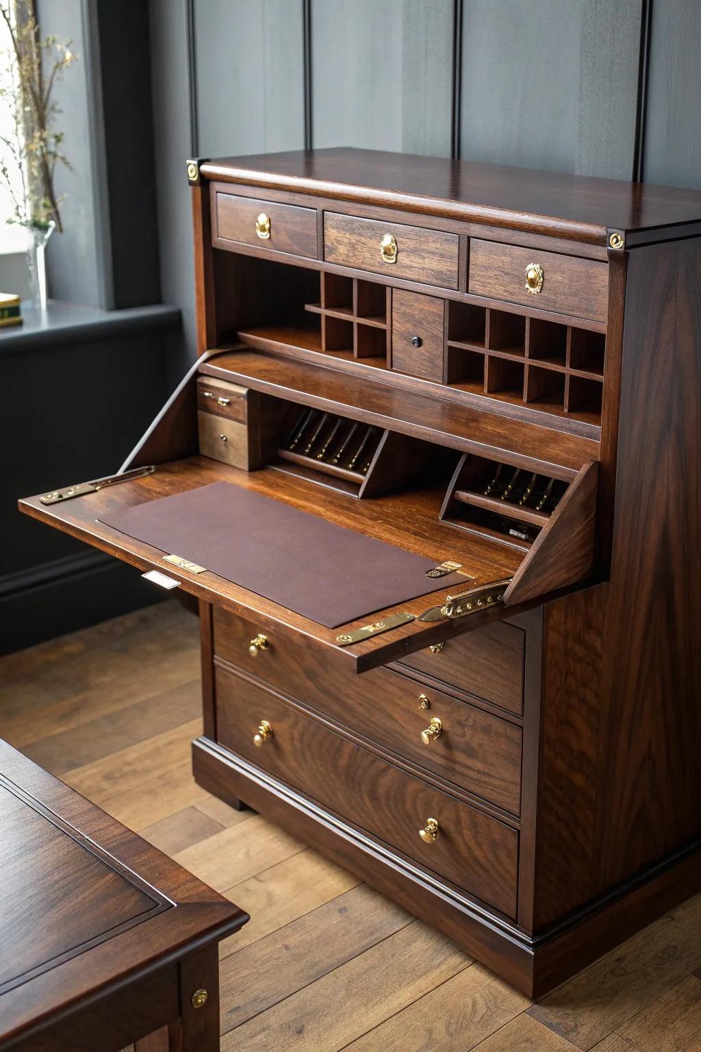 Unlock the elegance of hidden storage with this masterfully crafted fold-down desk.