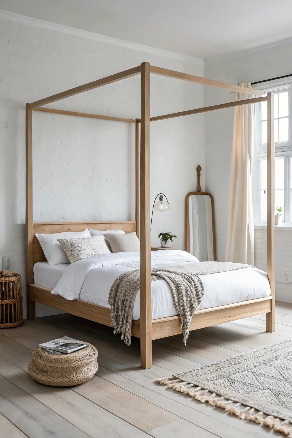 Slim oak four‑poster lines with crisp white bedding for a clean, airy modern bedroom look.