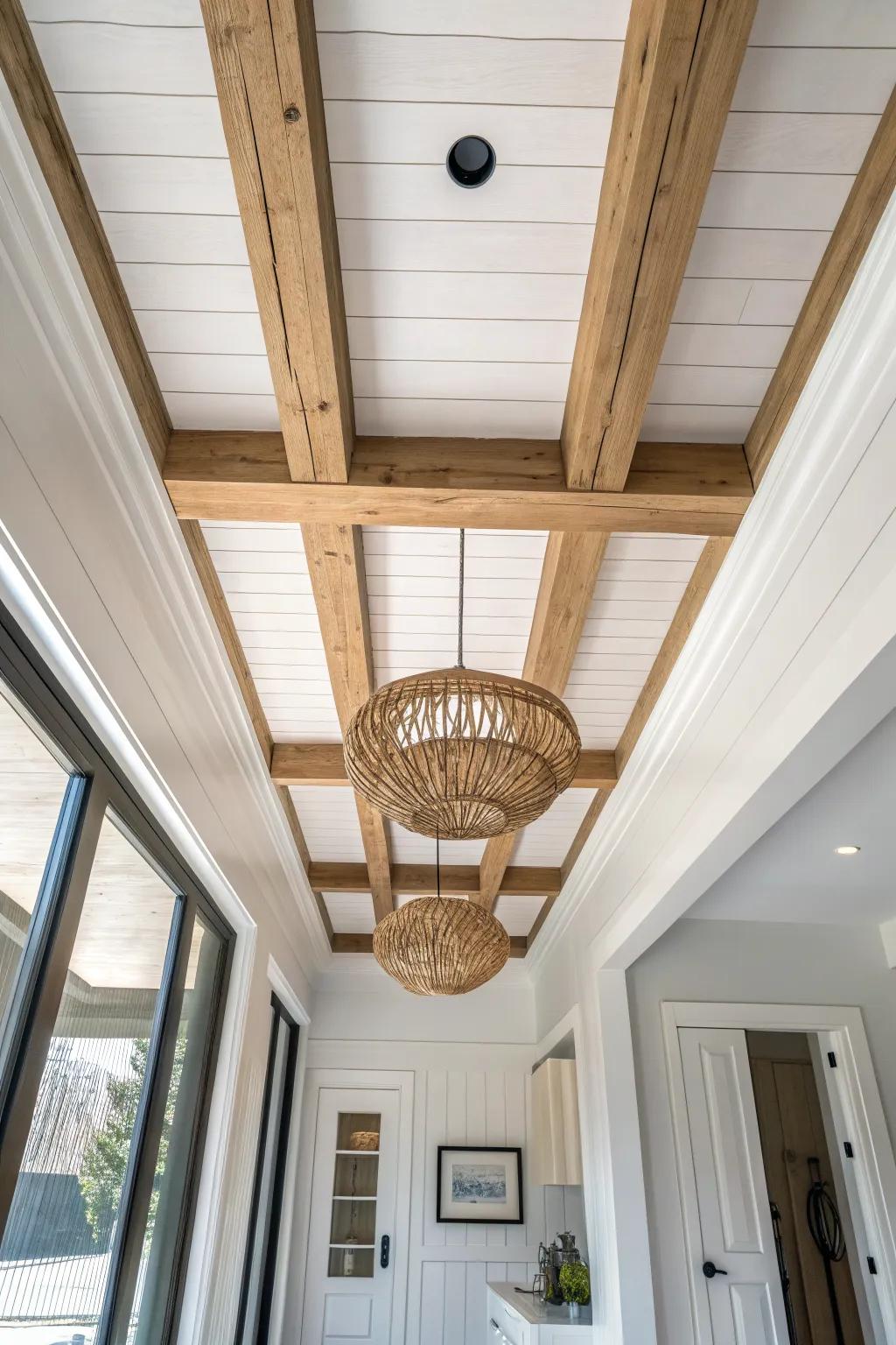 Faux box beam ceiling detail: real-timber look, farmhouse warmth, no heavy structural work.