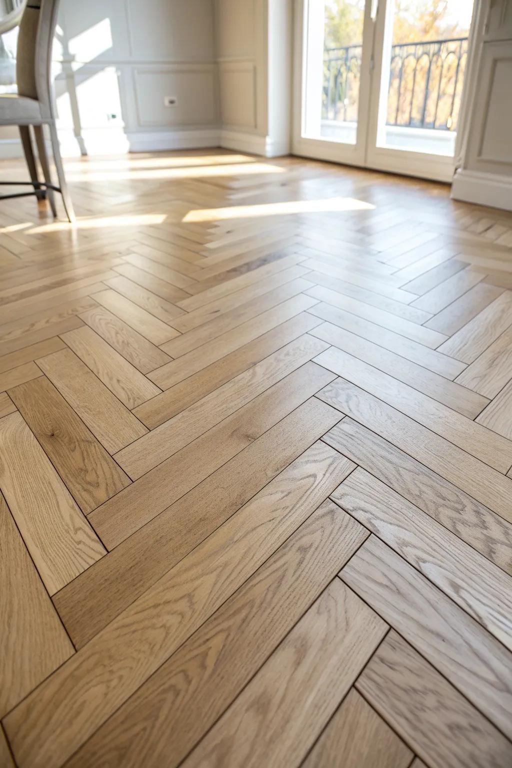 Herringbone oak in the foyer: instant polish as light dances across every perfect angle.