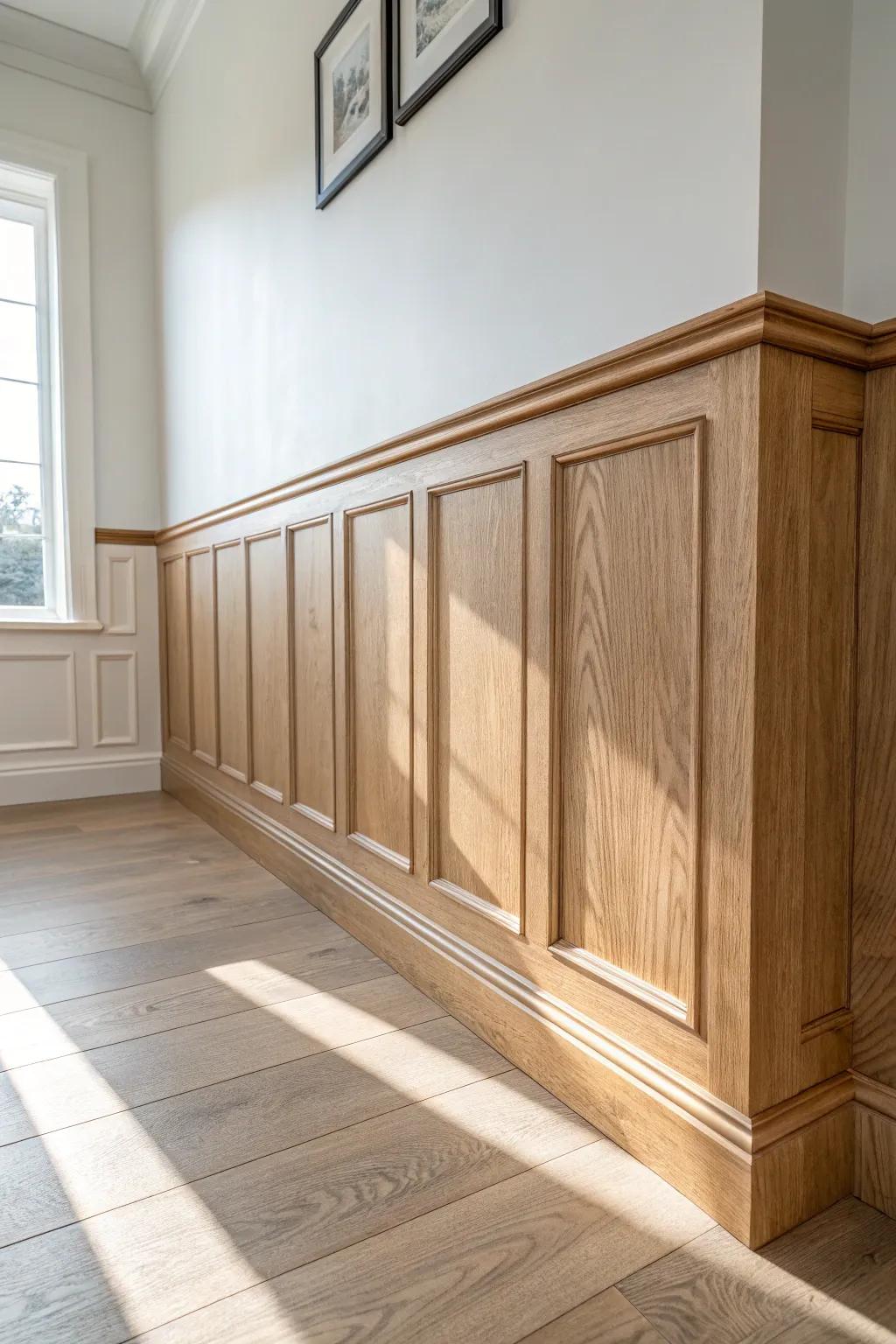 Light oak wainscoting with a crisp chair rail—durable, timeless trim for a busy foyer.