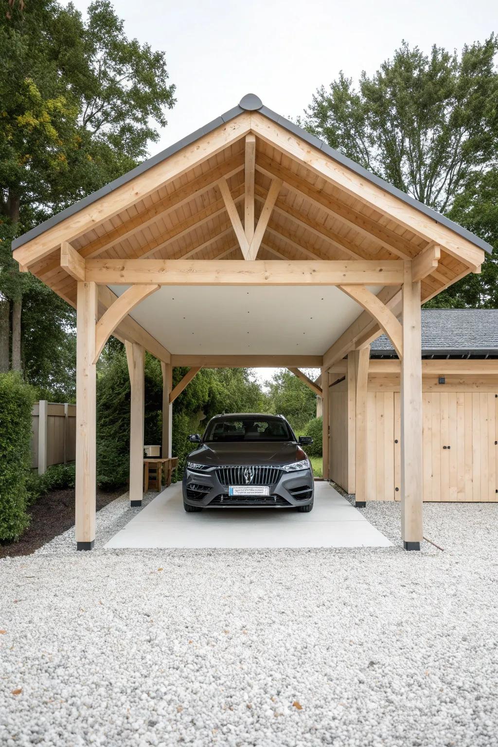 Simple four-post gable carport—clean lines, warm stained trim, and timeless handcrafted charm.