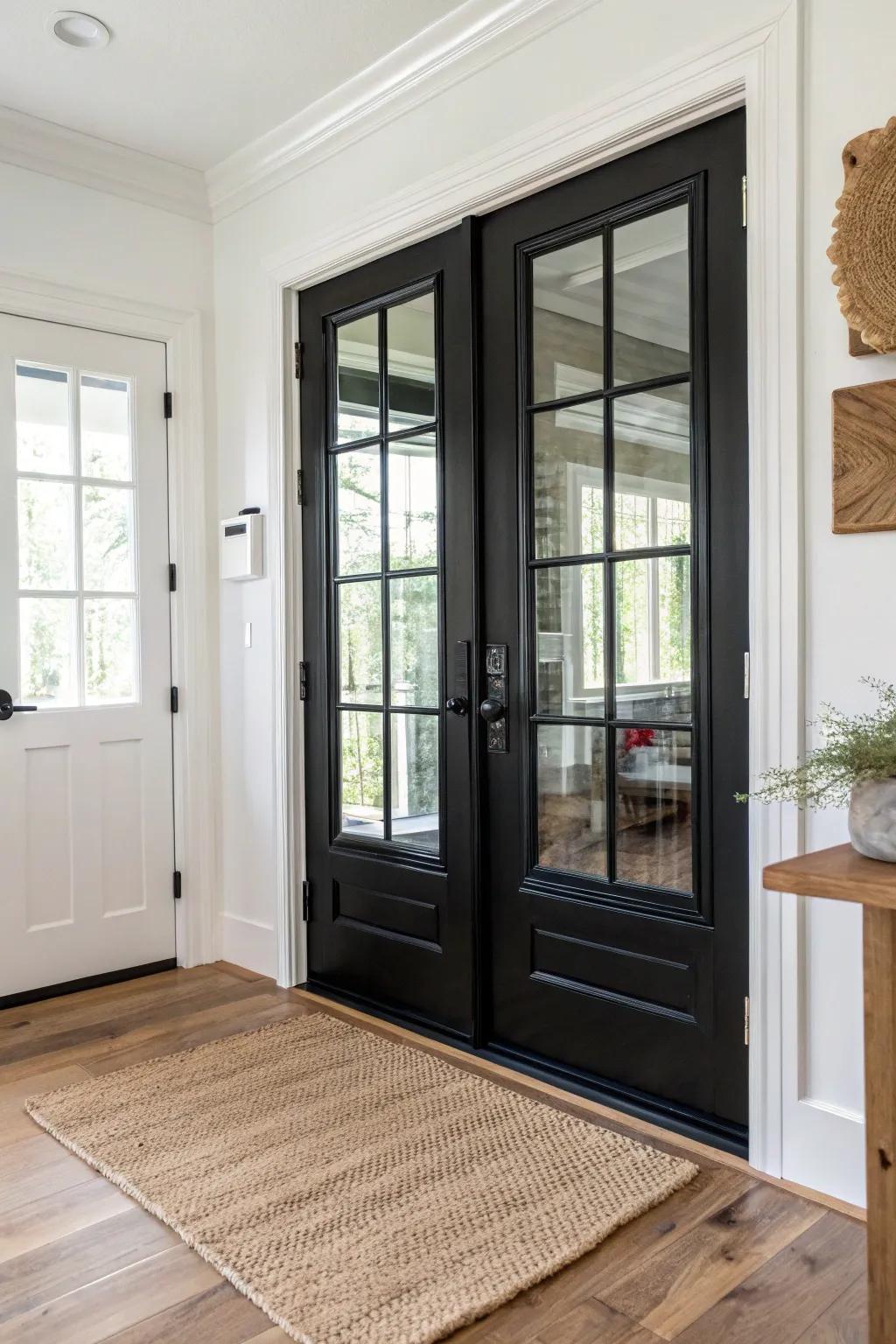 Timeless glossy black French doors—crisp contrast that makes every glass pane shine.
