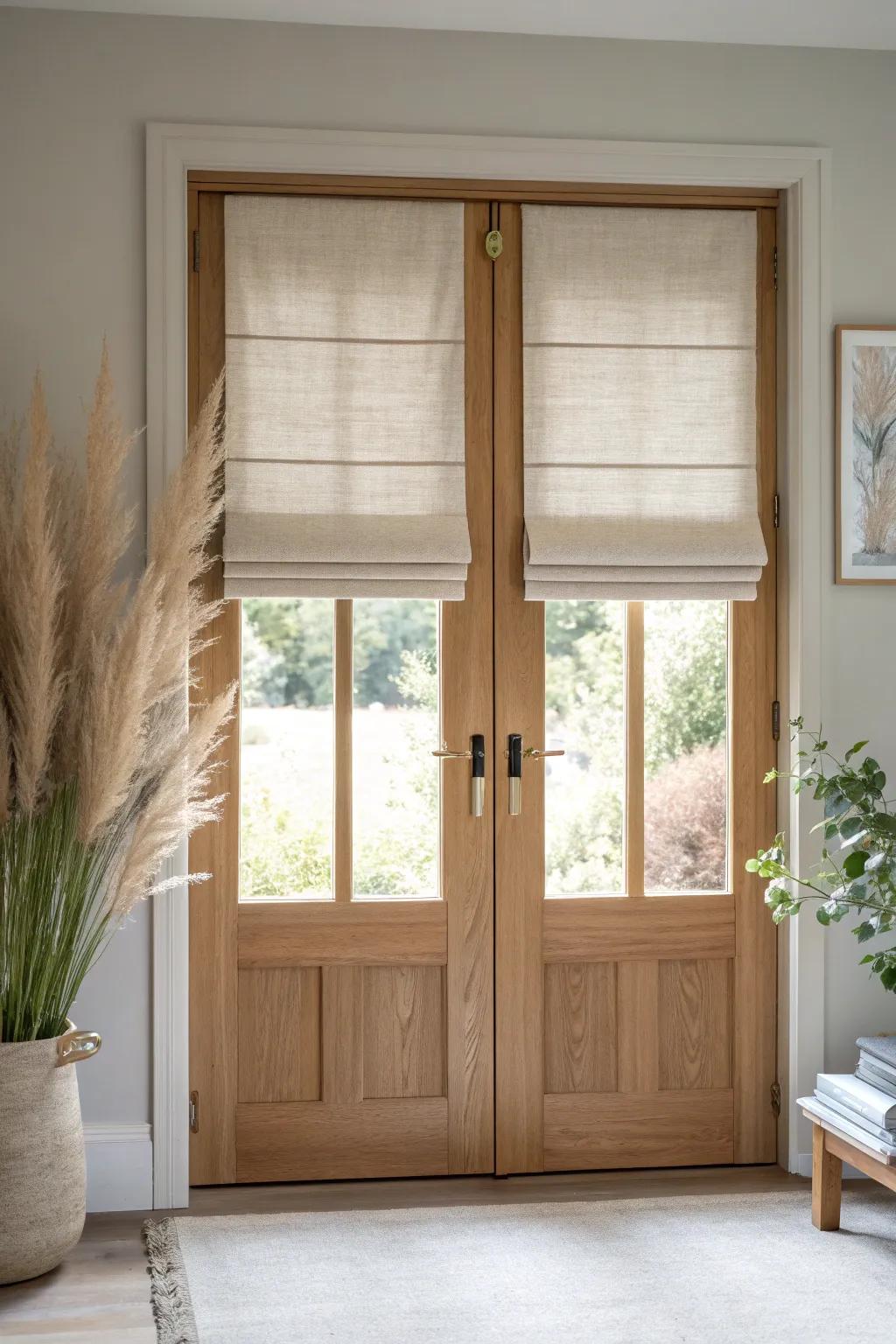 Flat Roman shade on French doors—linen texture and spacer blocks for perfect handle clearance.