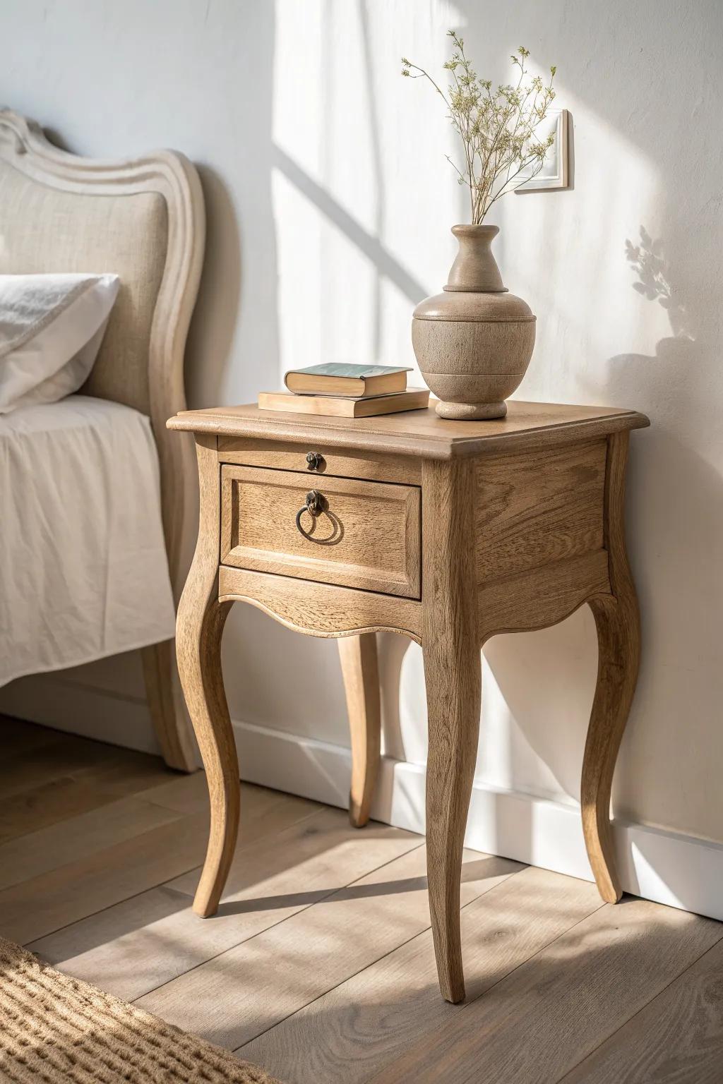 A cabriole-leg nightstand brings French provincial charm to a calm, minimalist bedroom.