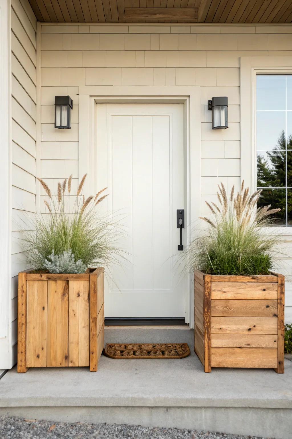 Symmetrical cedar planters make your entry feel taller, calmer, and beautifully pulled together.