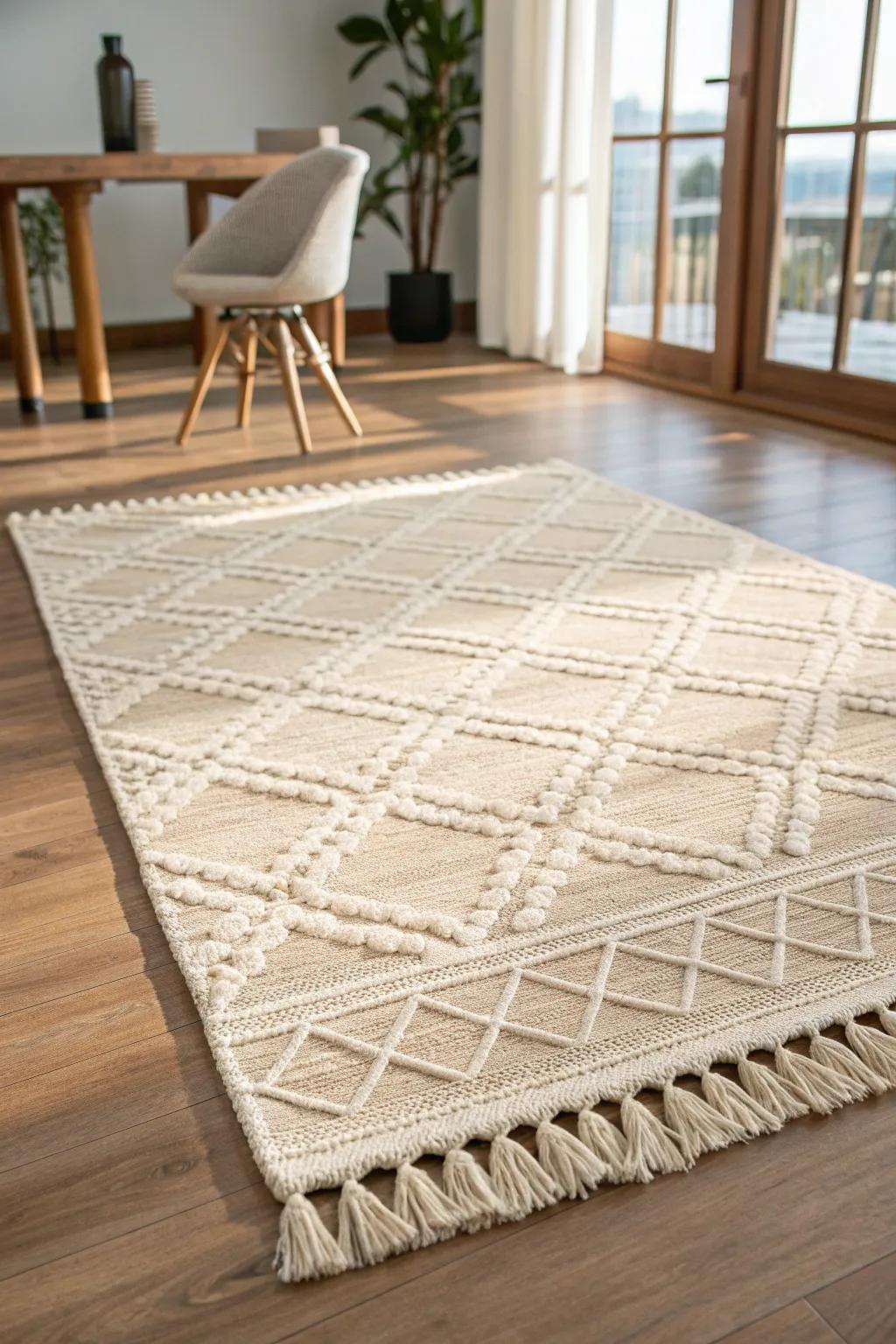 A large neutral rug instantly defines a “room” and makes any showroom vignette feel intentional.