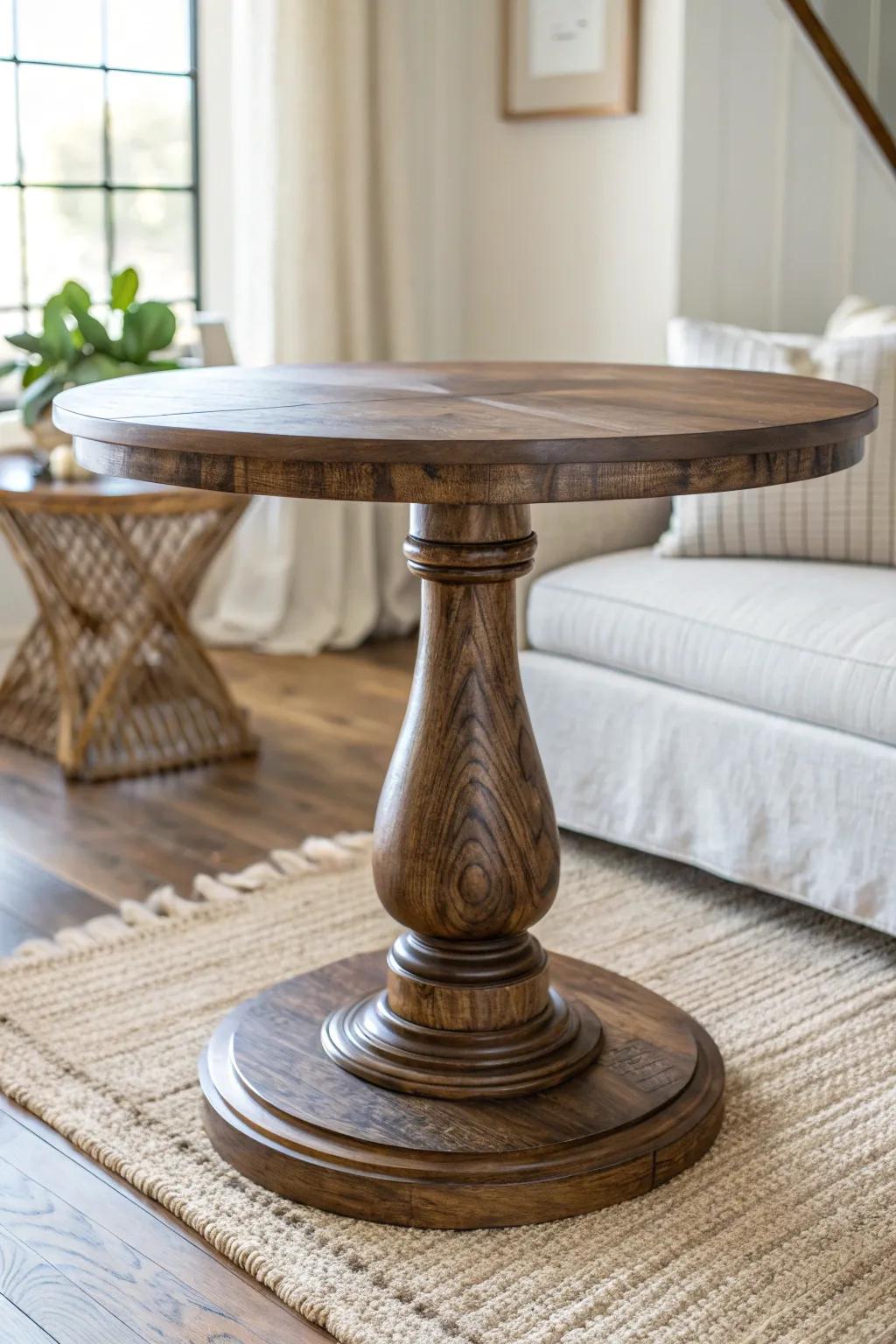 Round pedestal game table: no chair-leg tangles, just easy flow and cozy game-night style.