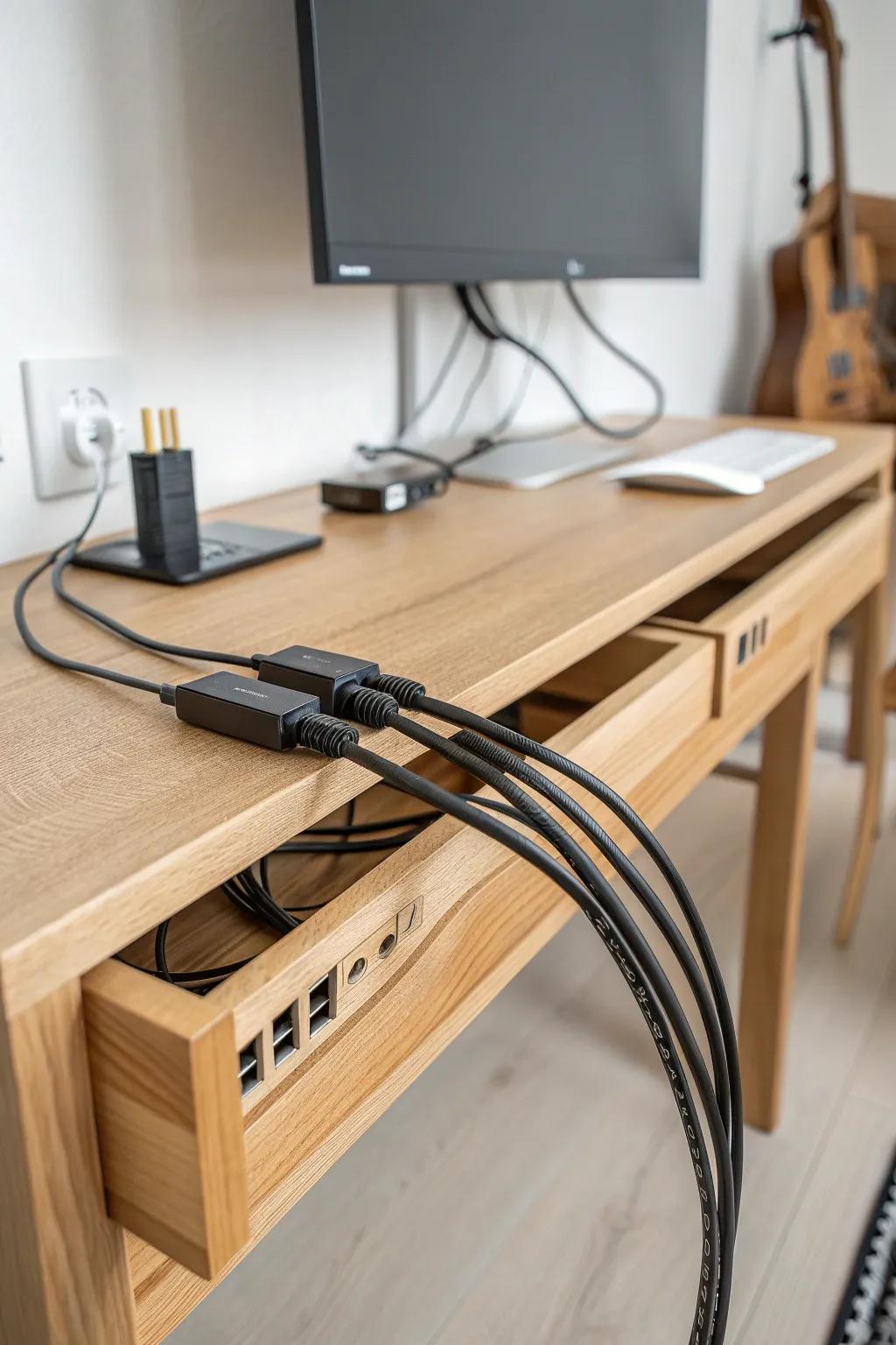 Invisible decor: a sleek under-desk raceway keeping cables tidy and your setup photo-ready.