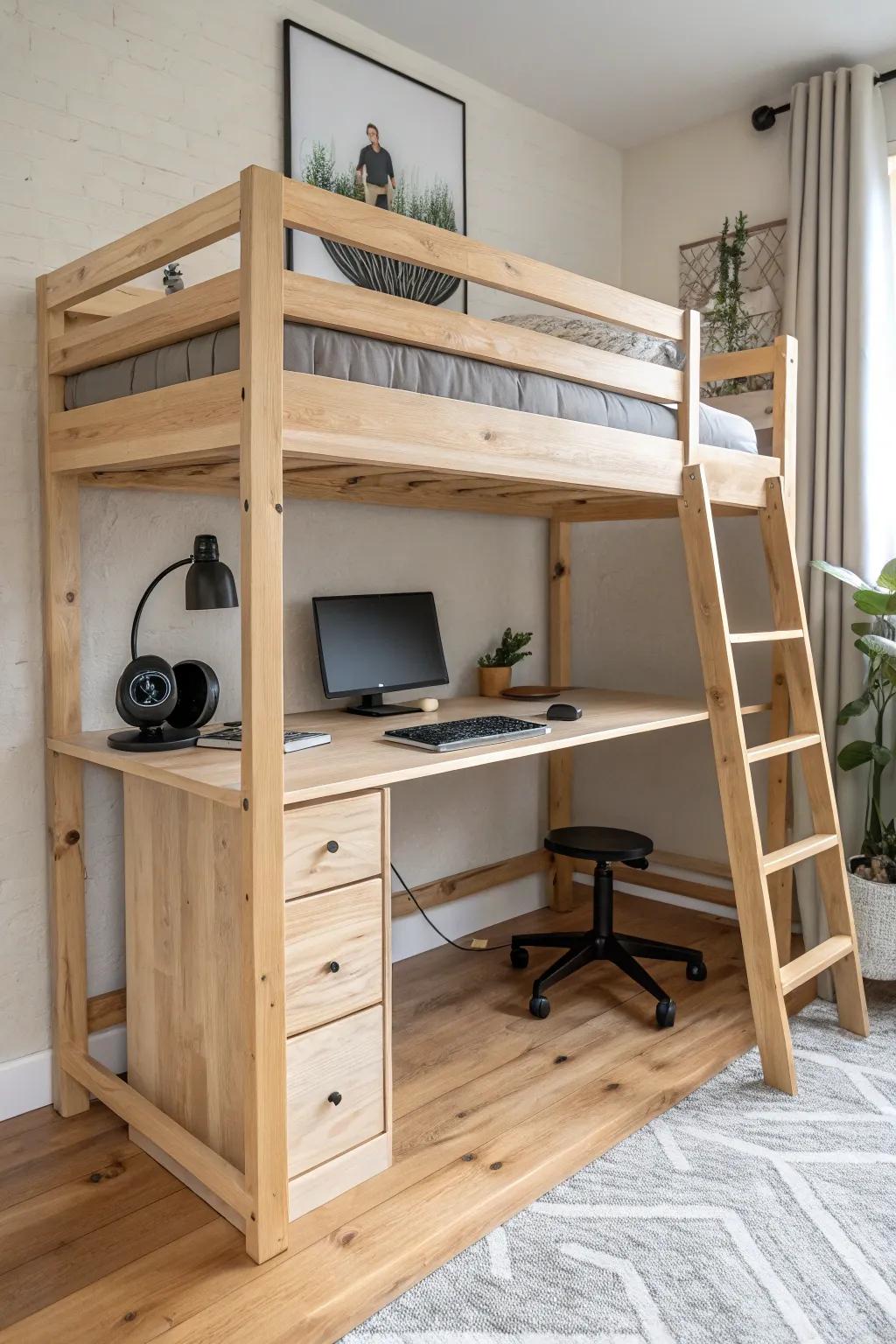 L-shaped corner battle station: gaming on one side, homework on the other—crafted in warm wood.