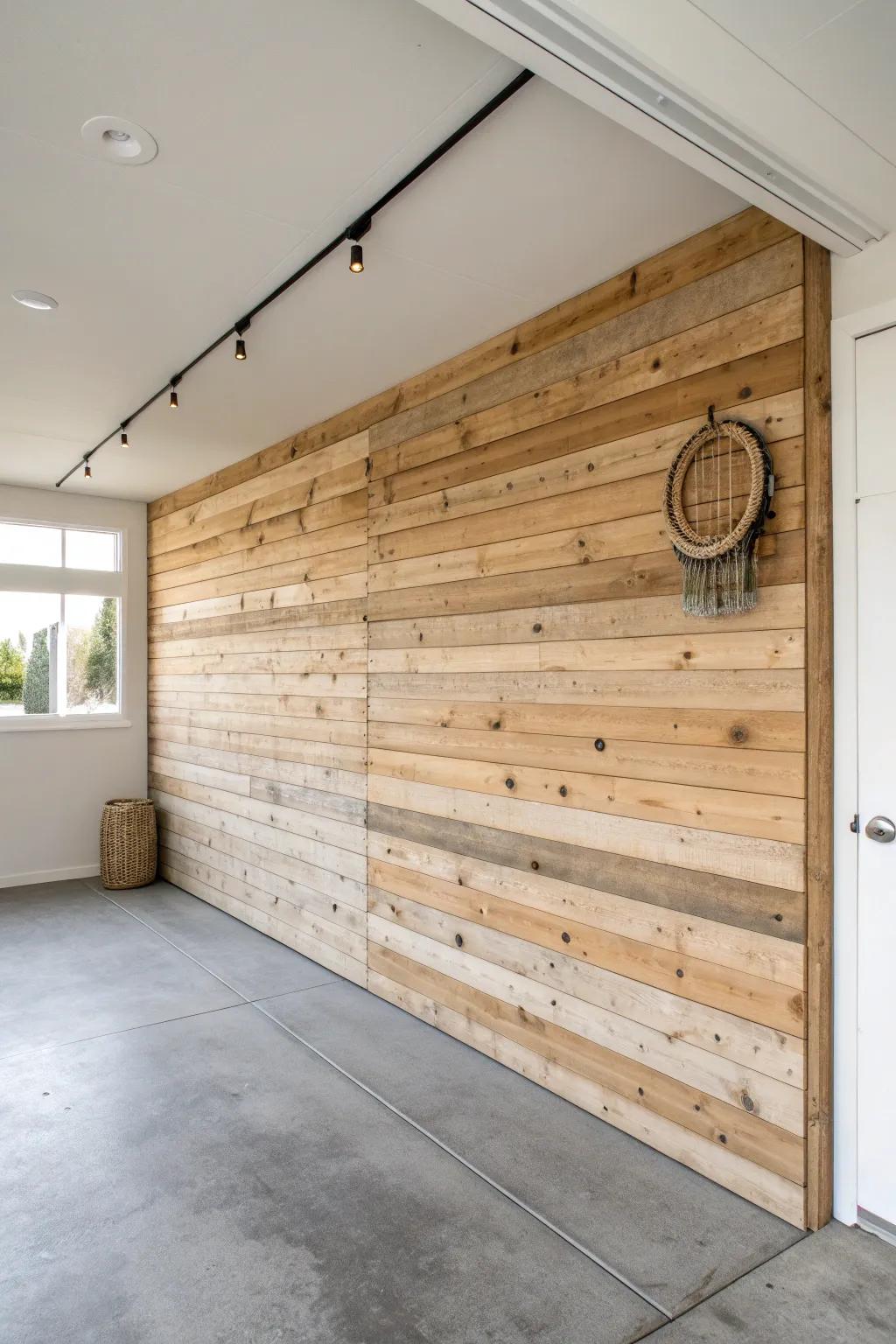 Mixed-width horizontal wood planks bring a clean modern farmhouse vibe to any garage wall.