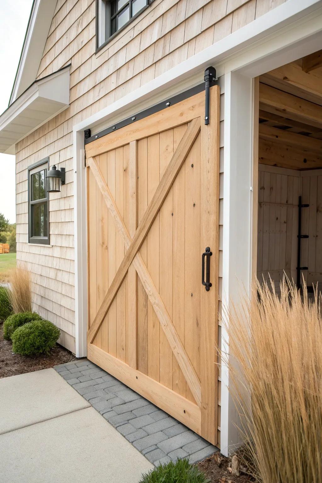 Swing-out carriage barn door in oak with bold strap hinges—classic charm, clean Scandinavian calm.