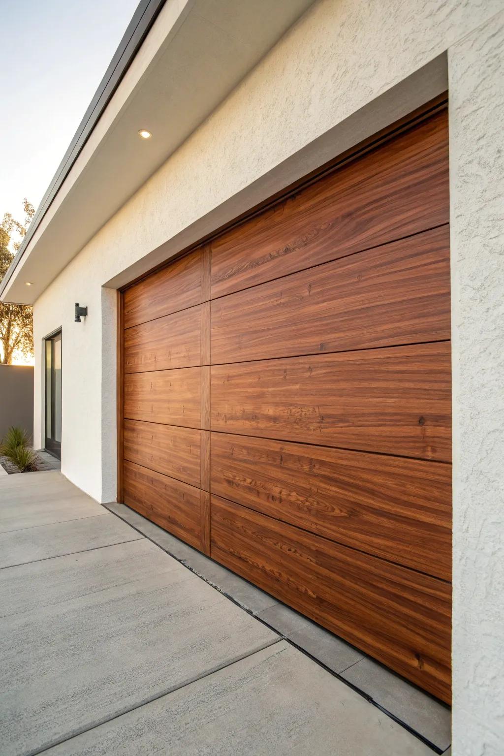Warm wood-look stain instantly upgrades a plain garage door—custom cedar vibes, minus replacement.