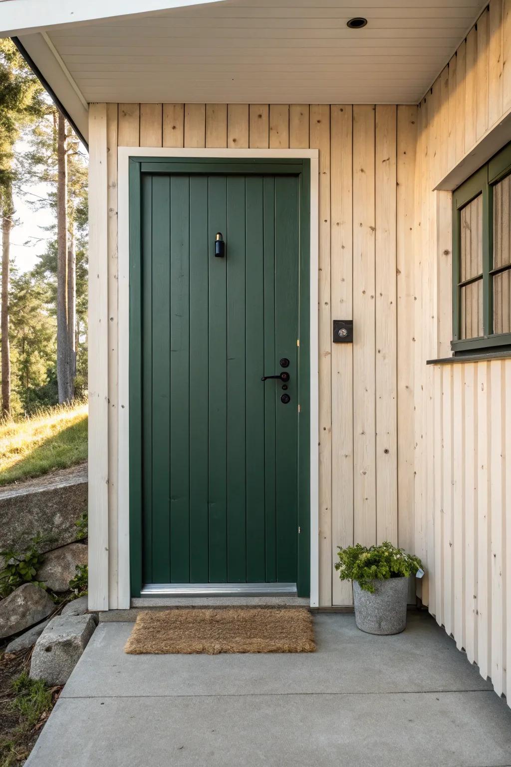 A deep green statement door turns a garage entry into a calm, crafted focal point.