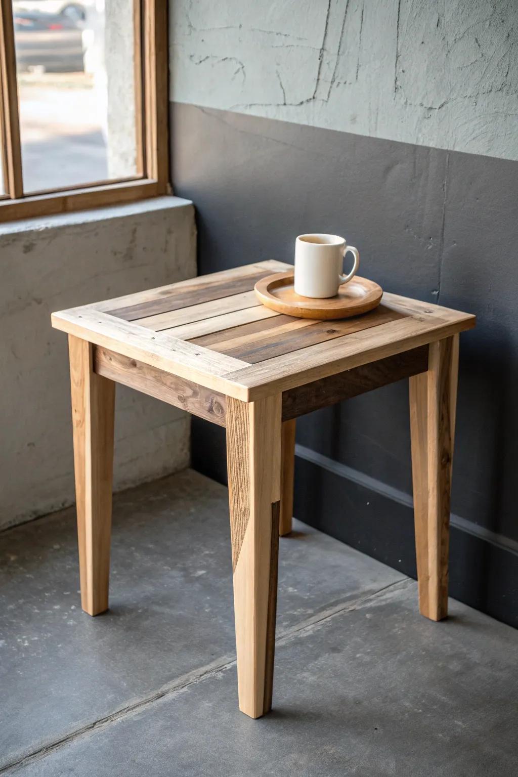 Handmade scrap-wood side table keeps your garage recliner corner tidy and cozy always.