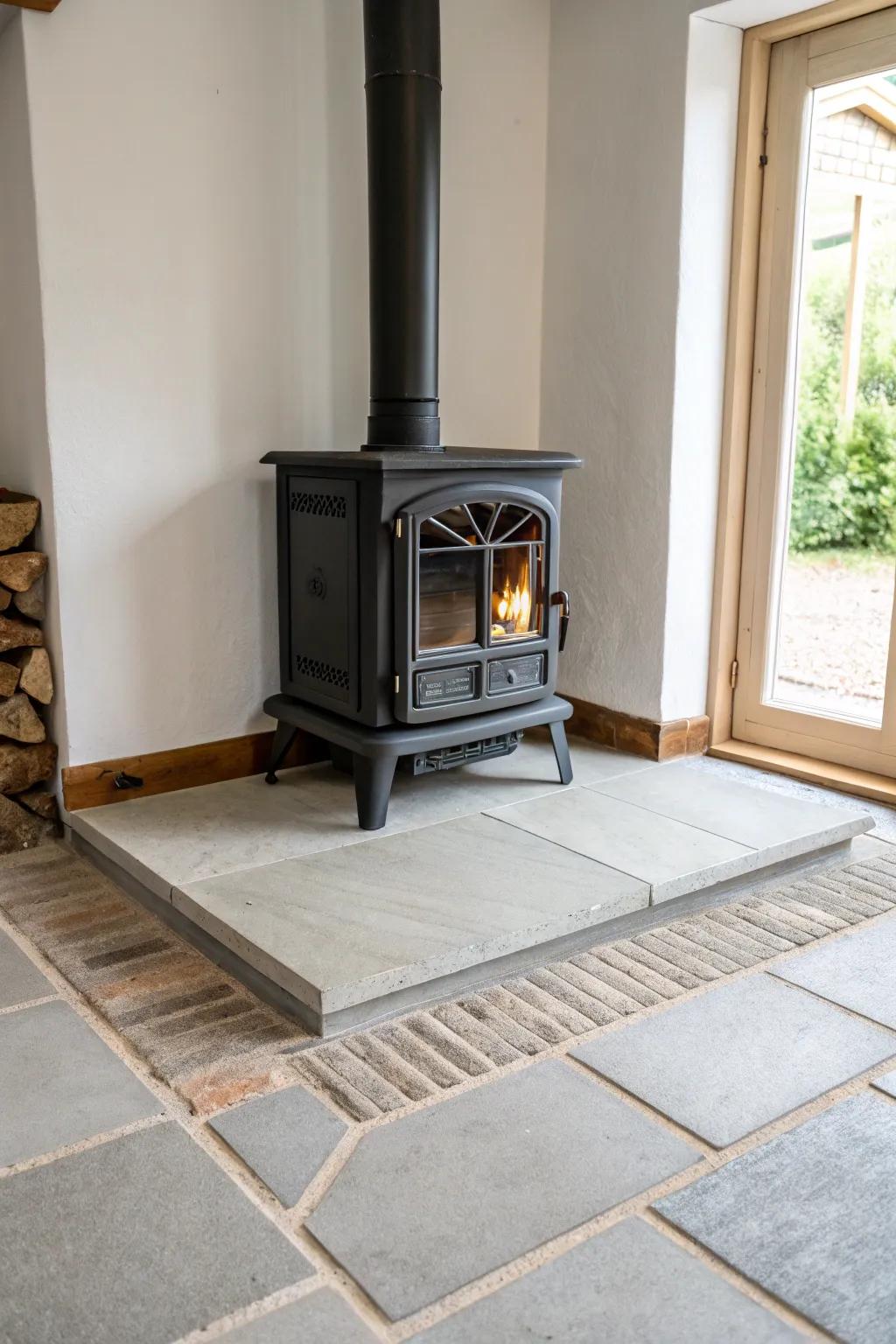 Upgrade your garage wood stove with a crisp tile hearth pad for a clean, finished look.