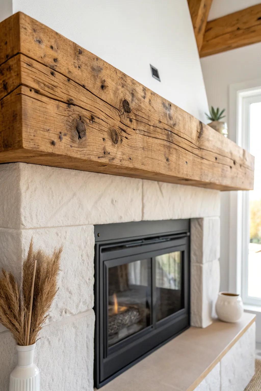 Chunky reclaimed wood beam mantel brings instant warmth and texture to a sleek gas fireplace.