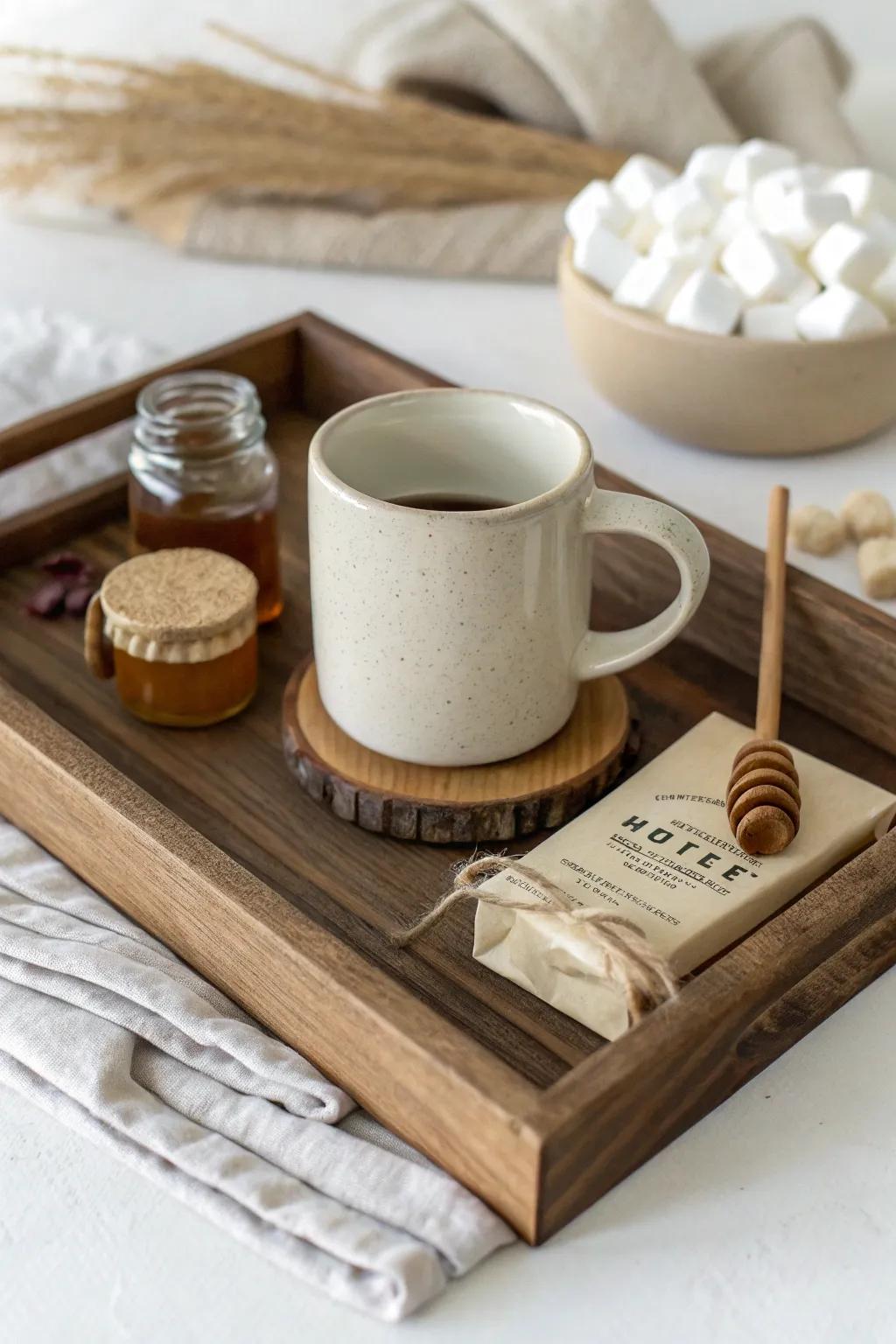 Coffee & cocoa comfort tray in reclaimed wood—mug, honey, marshmallows, and handmade coasters.