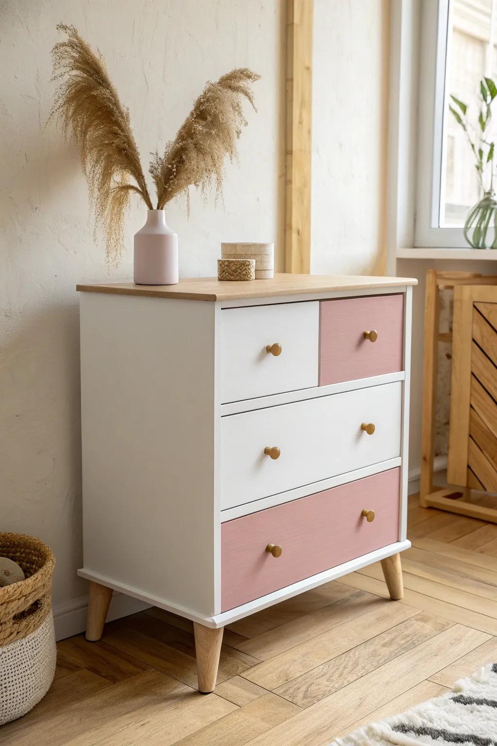Crisp white dresser with dusty-pink drawers—sweet, modern, and easy to match.