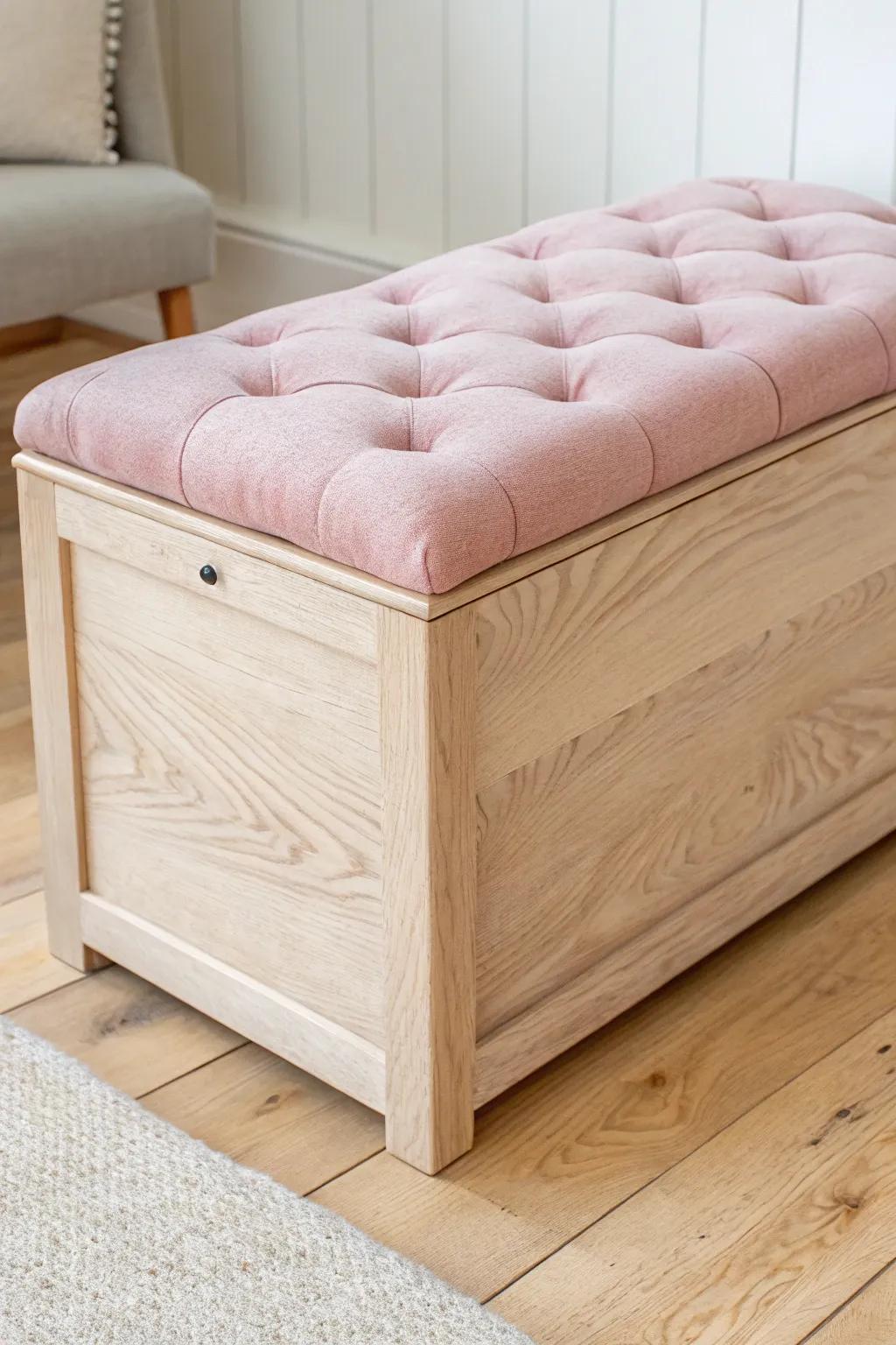 A chic upholstered toy box bench—pretty enough for the bedroom, tough enough for daily play.