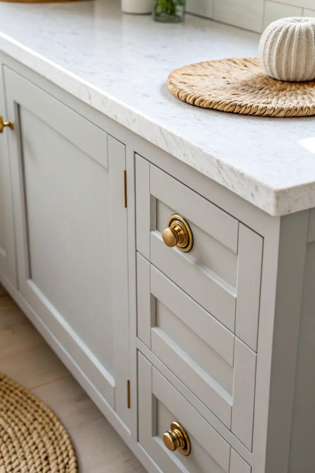 Light gray cabinets + white veined stone: a bright, serene kitchen look with subtle luxury.