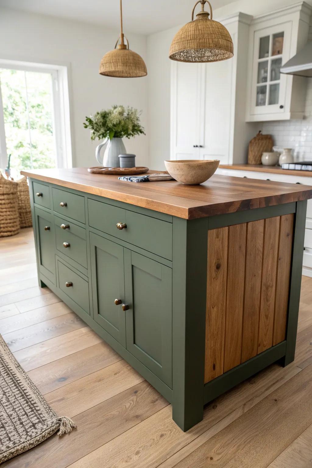 Deep green island + warm butcher block: a simple, high-impact upgrade with natural contrast.