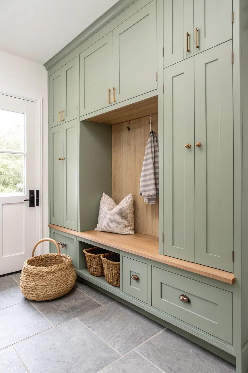 Sage-green cabinets paired with a sealed oak bench add warmth and durability to any mudroom.