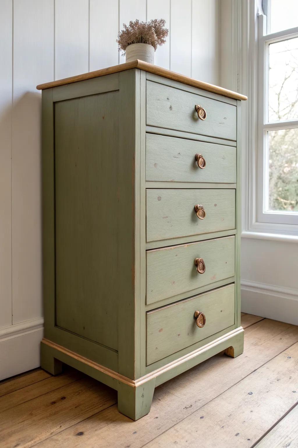 Muted olive tallboy with soft edge distressing—Scandi simple, gently timeworn, beautifully crafted.