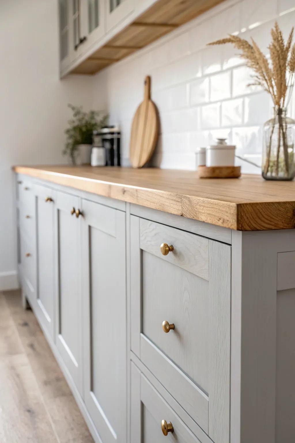 Gray lowers + white uppers: bright, airy, and forgiving—ideal for small, busy kitchens.