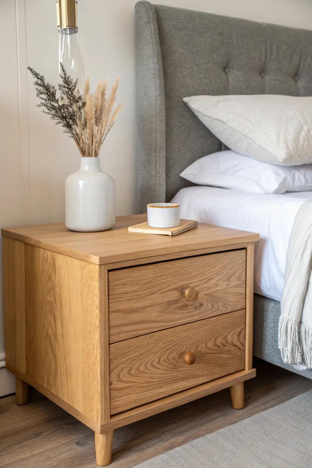 Soft grey linen headboard + handcrafted oak nightstand: the perfect soft-meets-solid balance.