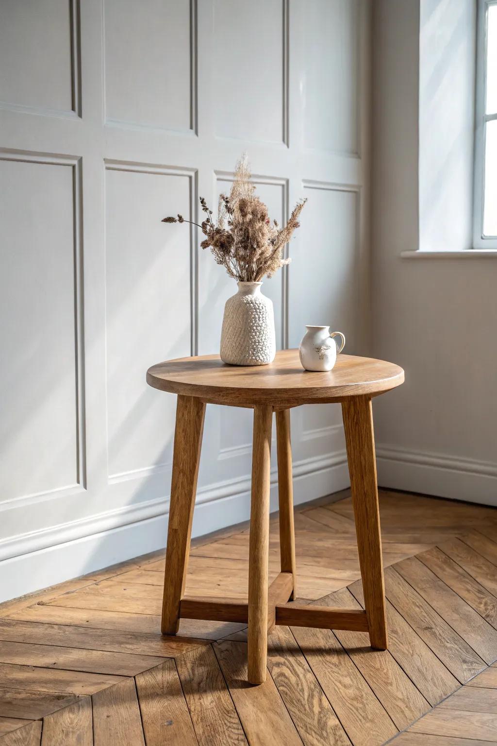 Soft grey walls let warm oak shine—one timeless piece for a bright, balanced living room.