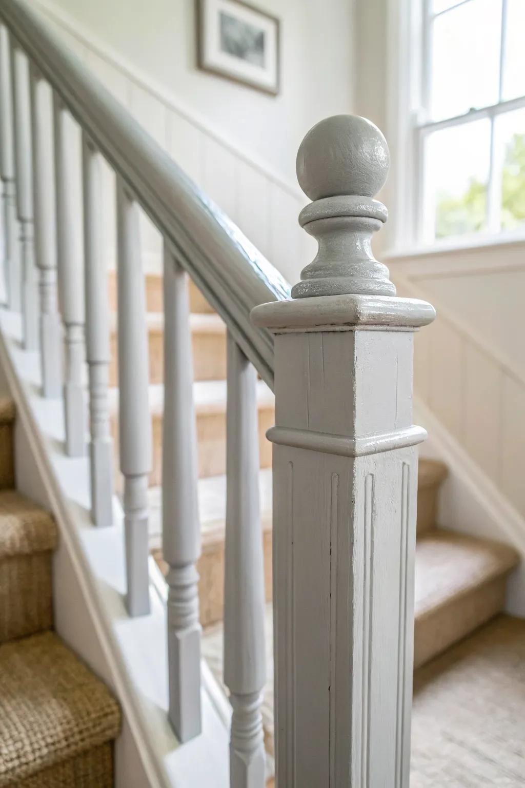 Soft dove-gray banister paint that keeps definition while blending seamlessly with bright trim.
