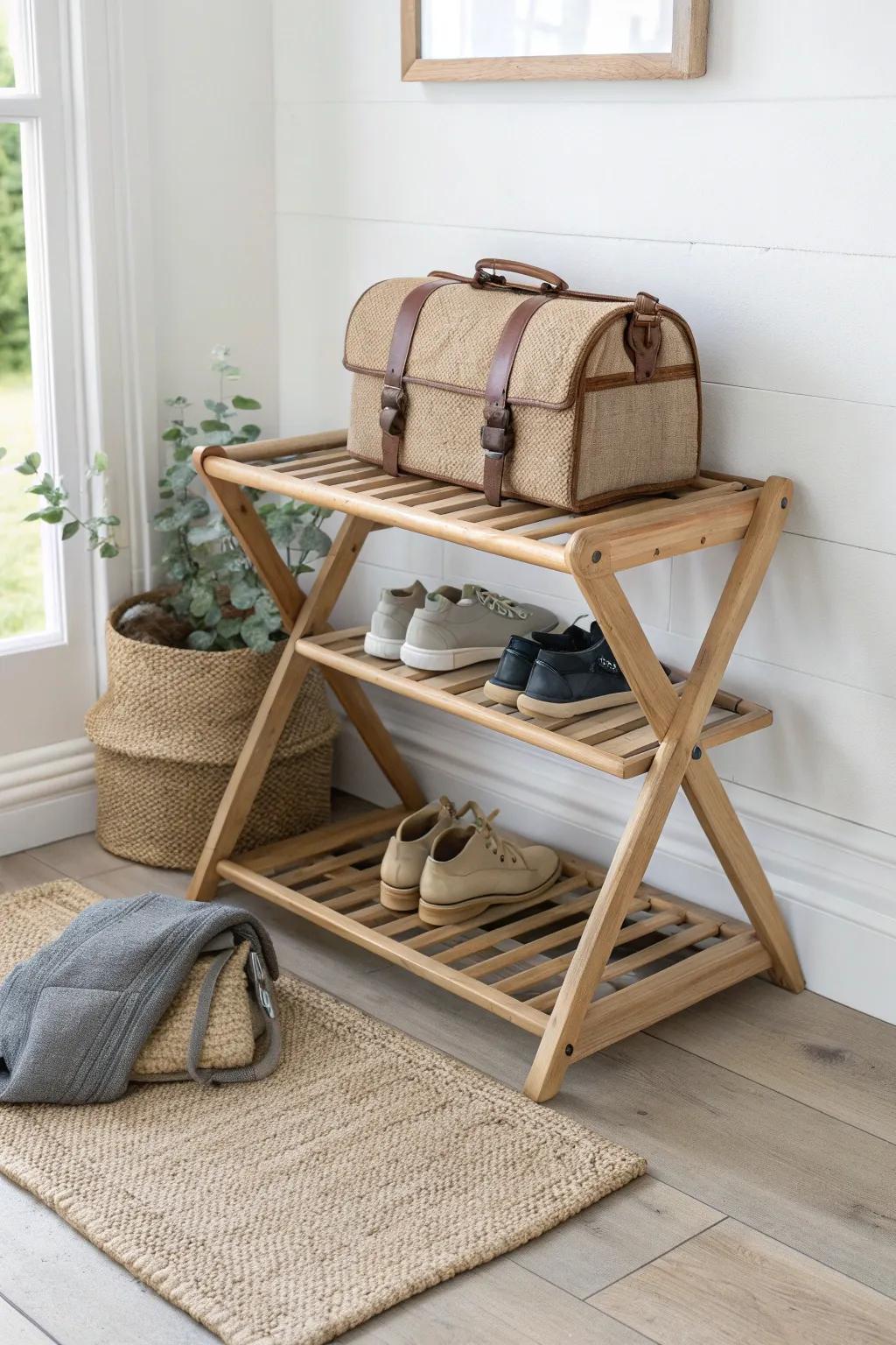 A two-tier oak luggage rack keeps suitcases up top and shoes neatly tucked below.