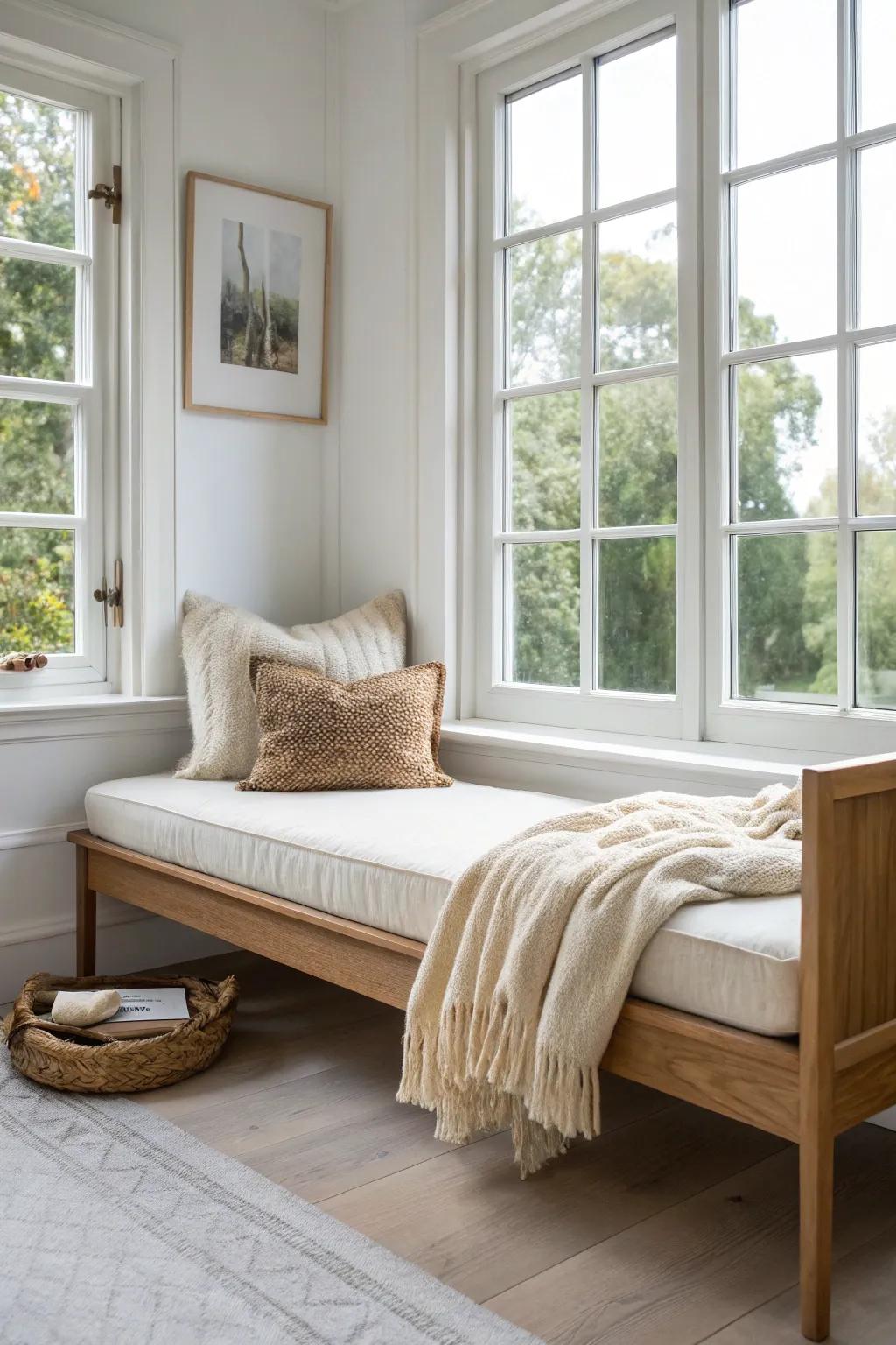 A sunlit window-nook daybed in pale oak—minimal, cozy, guest-room ready with a sill shelf.