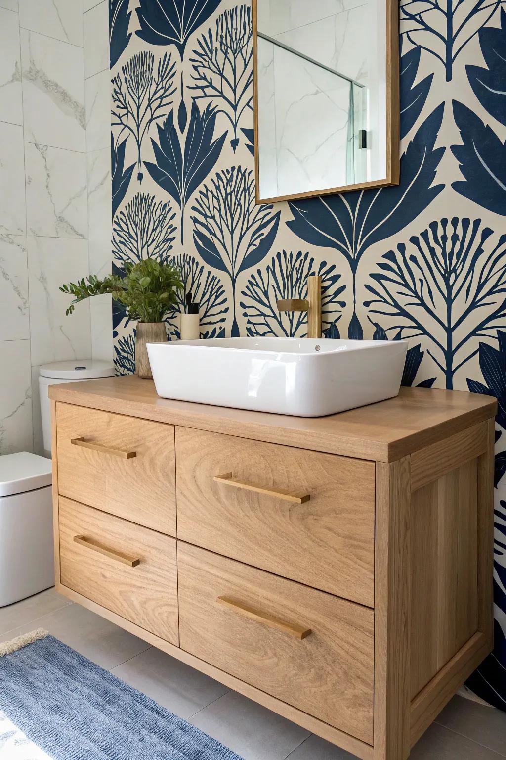 Let statement wallpaper shine—pair it with a simple oak vanity for a jewel-box powder room.