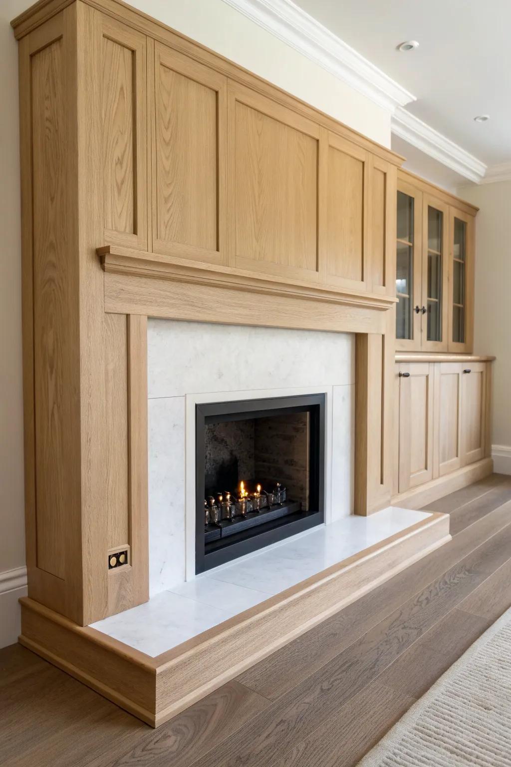 Half-wall fireplace with oak built-ins—clean face-frame cabinetry and hidden storage.