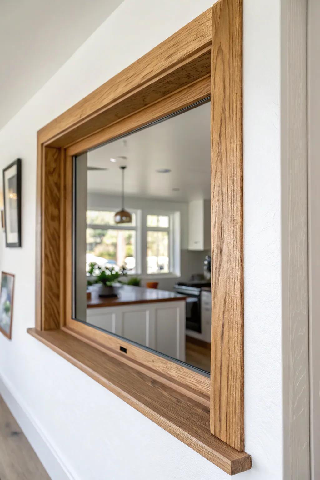 Warm wood pass-through above a half wall—an intentional “window” for easy serving and flow.