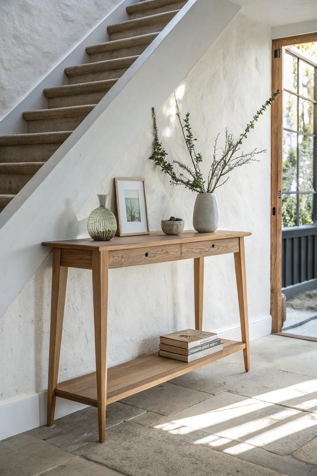 Slim oak console by the stairs—a chic landing spot for keys with zero hallway clutter.