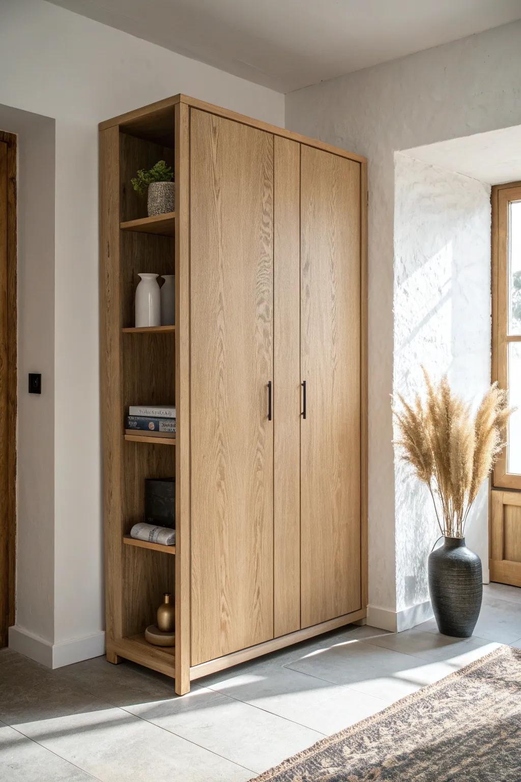 A slim oak floor-to-ceiling cabinet that feels built-in, airy, and perfect for tight hallways.