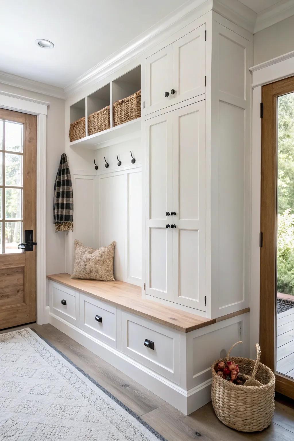 Timeless Shaker bench cabinet—warm oak top, crisp lines, and tidy hidden storage for hallways.
