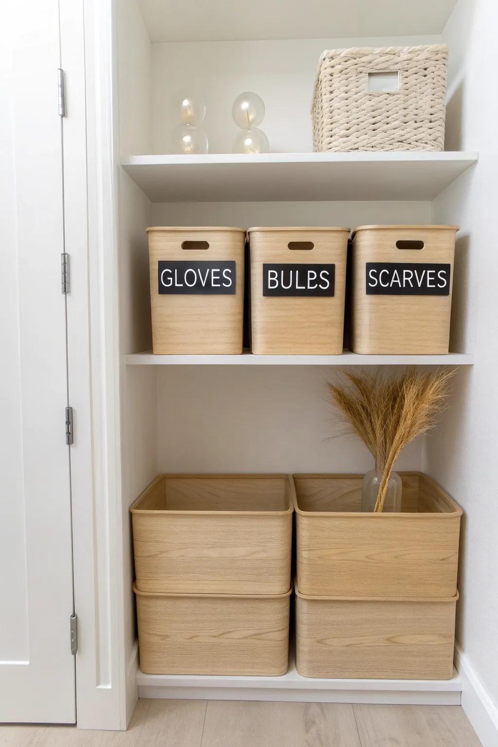 Matching wooden bins with big clear labels make a hallway closet feel instantly calm.