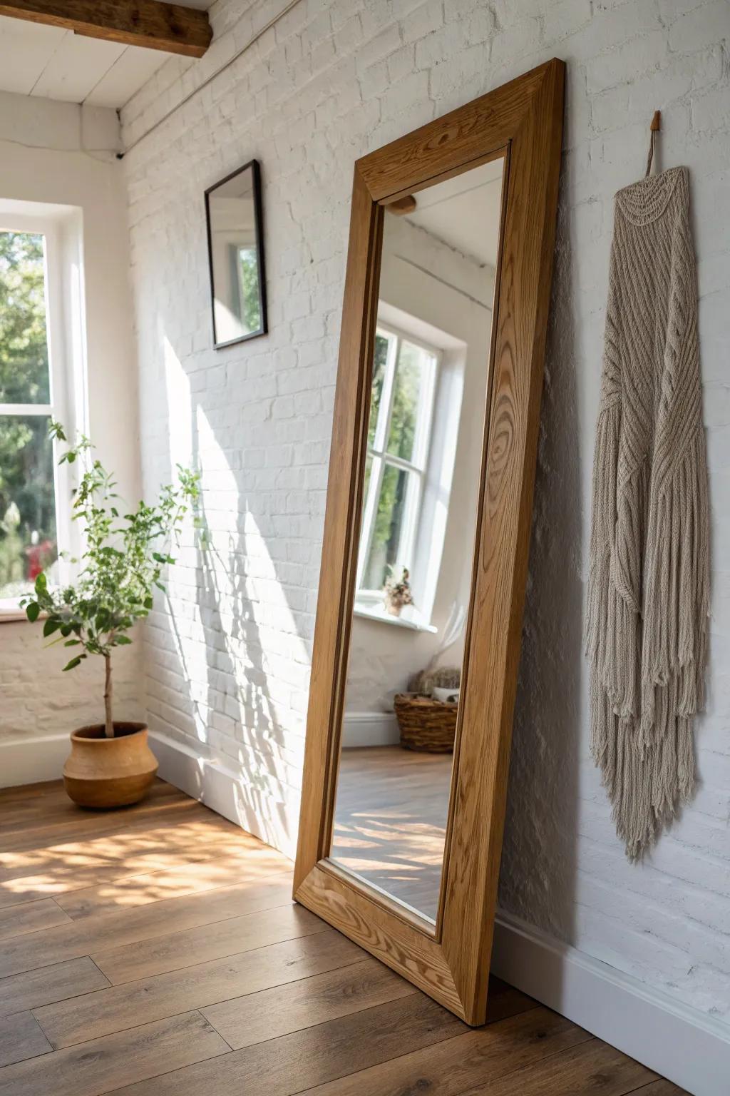 A chunky wood-framed statement mirror that brightens your hallway and adds cozy craft charm.