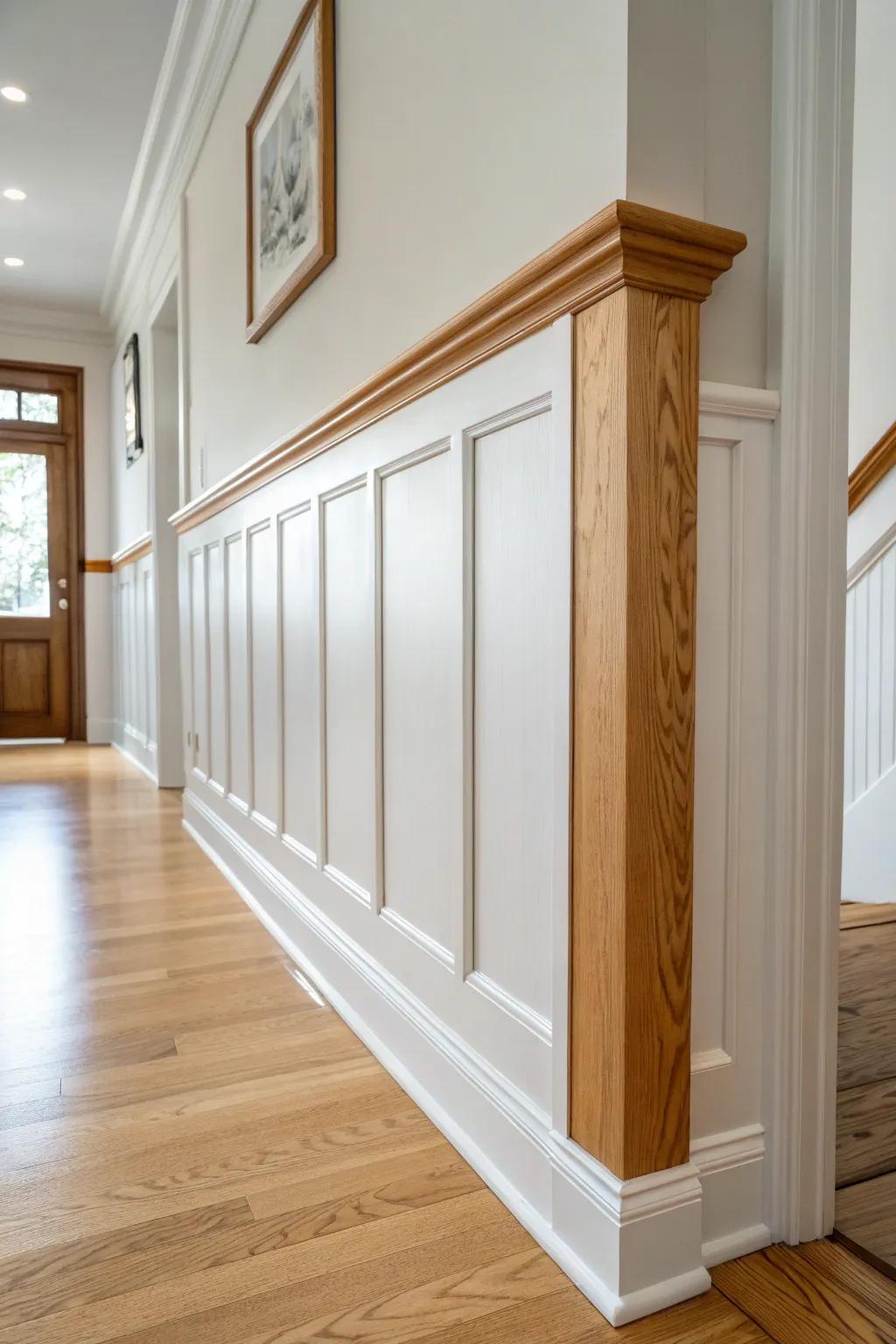 Crisp chair rail over classic wainscoting—timeless hallway charm that’s built to take daily knocks.
