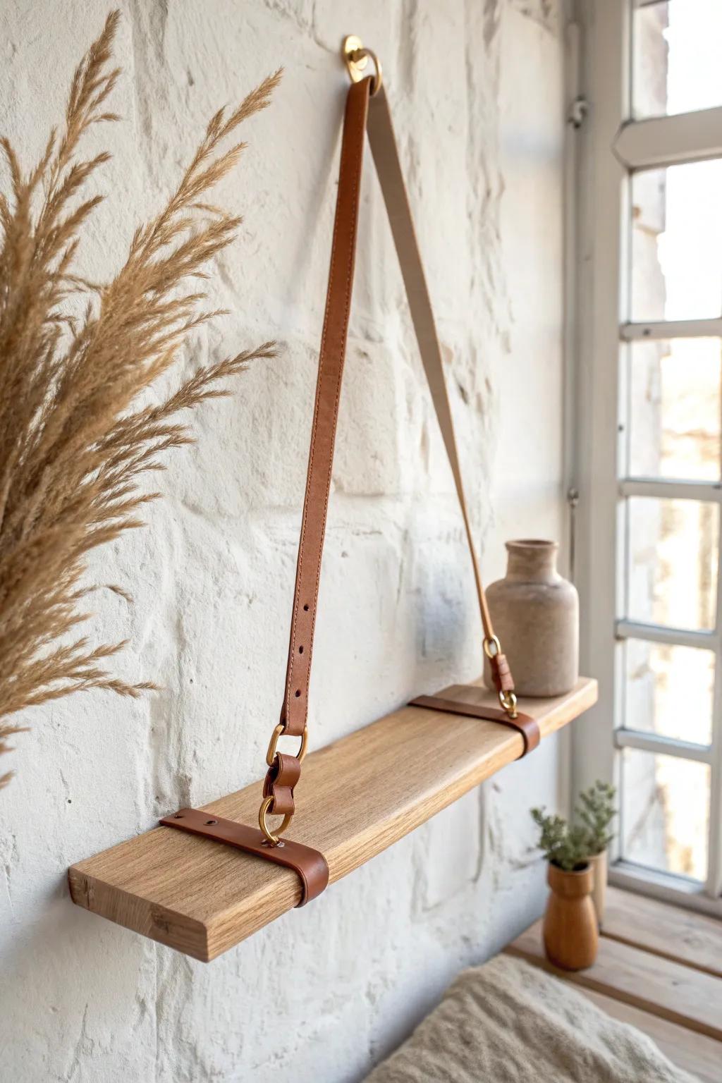Warm oak shelf held by leather straps—simple, modern, and perfect for reusing old belts.