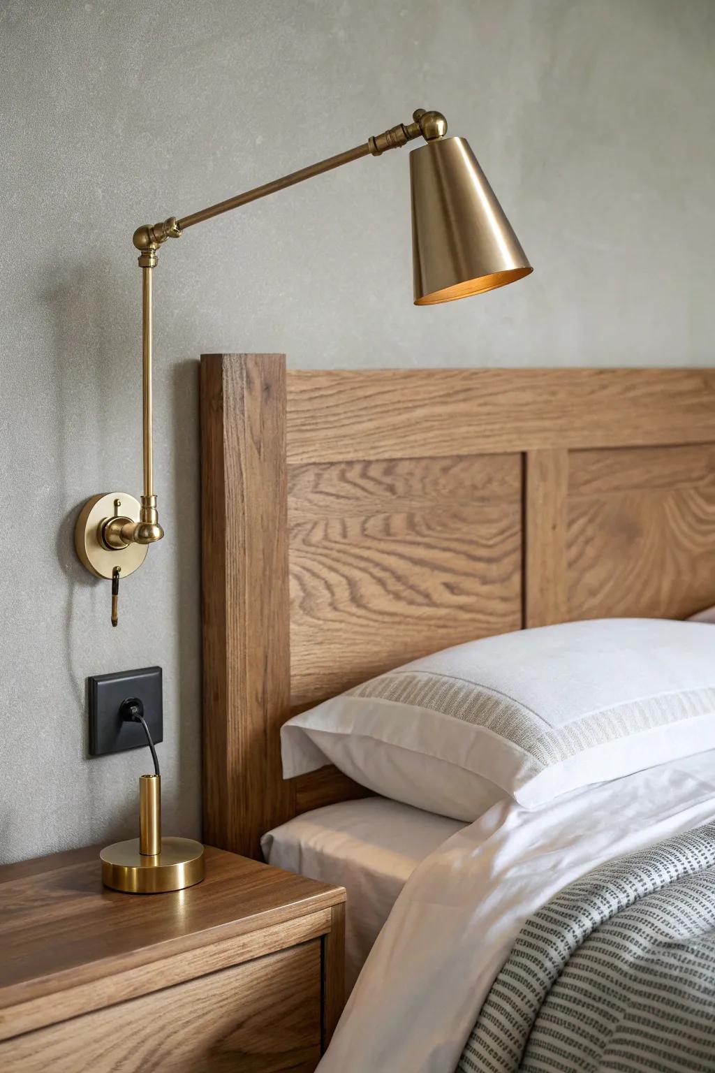 Aimable swing‑arm light on a wood headboard—perfect bedtime reading without harsh glare.