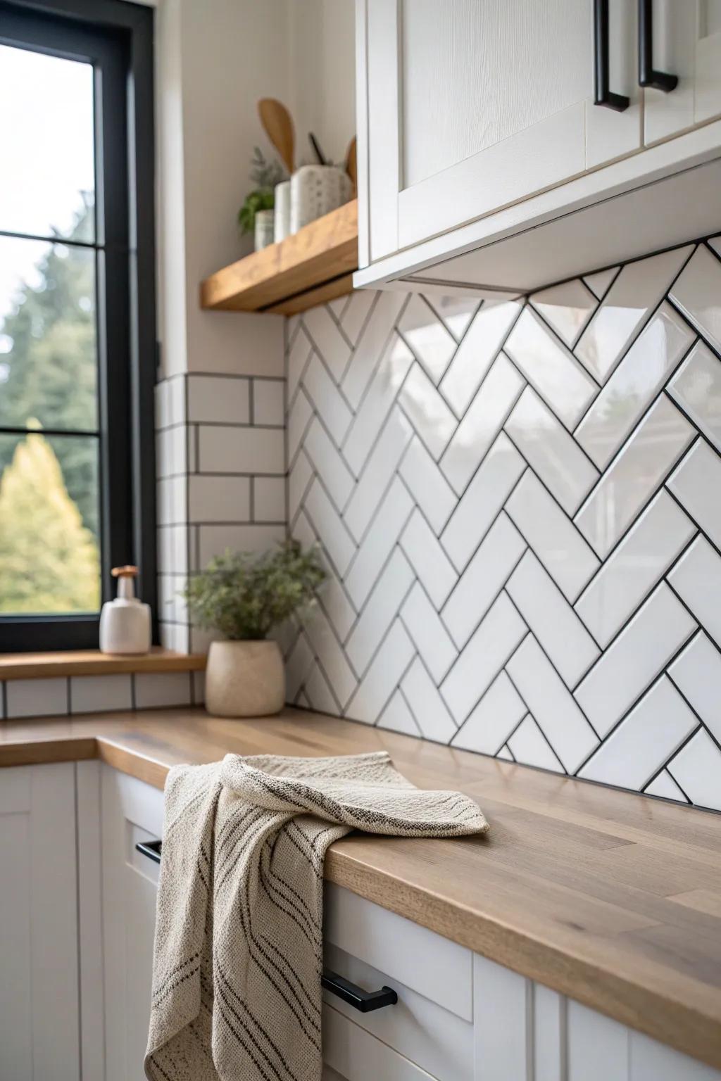 White herringbone tile with dark grout—minimalist contrast that turns your backsplash into art.